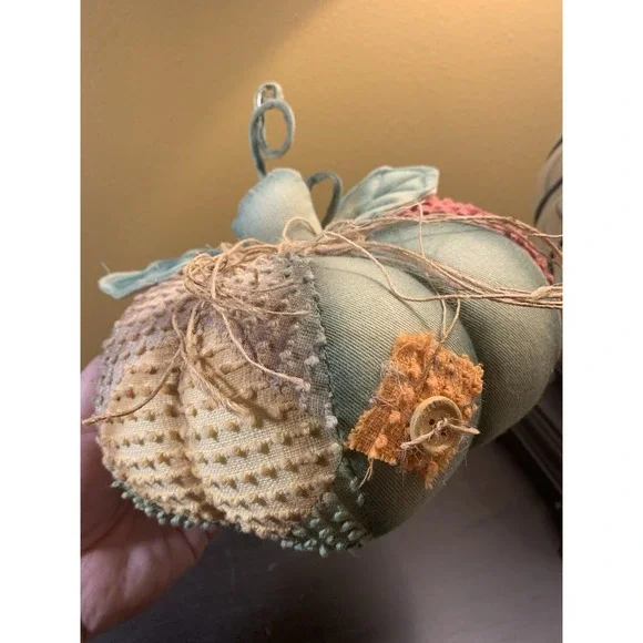 Folk Plush Art Stuffed Handmade Pumpkin 6 Different  Cloth Panels Leaves &‎ Stem - Picture 7 of 9